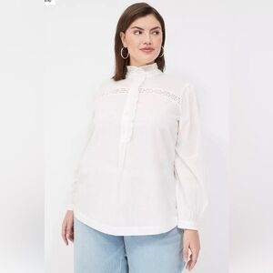NWT Lane Bryant White 1/2 Button Front Ruffle Banded Collar Blouse Top Sz 18/20